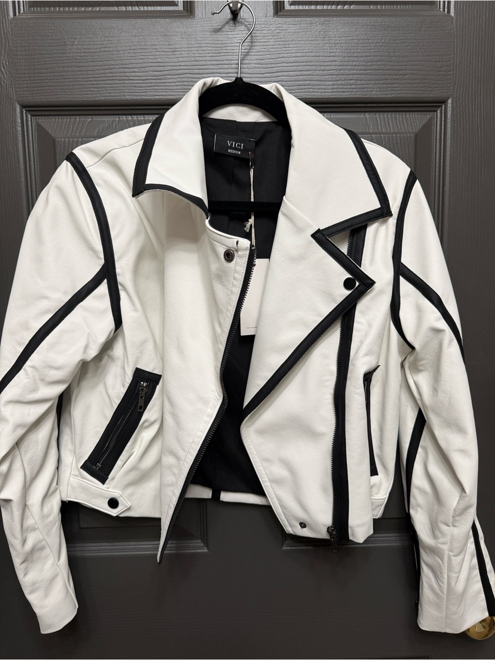 VICI White Leather Moto Jacket with Black Trim Accents